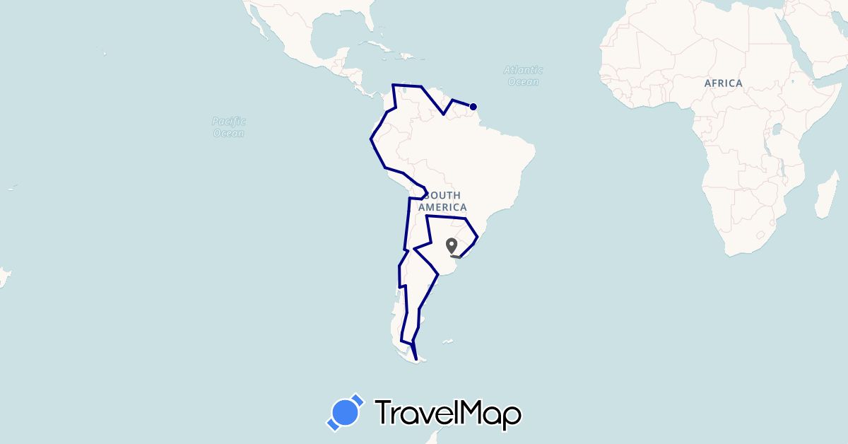 TravelMap itinerary: driving, motorbike in Argentina, Bolivia, Brazil, Chile, Colombia, Ecuador, French Guiana, Guyana, Peru, Paraguay, Suriname, Uruguay, Venezuela (South America)